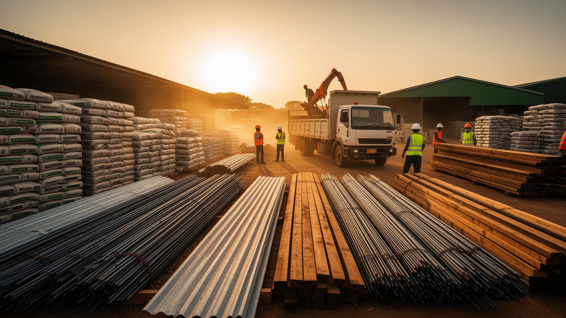 Hardware supply yard in Harare with cement, steel and timber being loaded onto a delivery truck